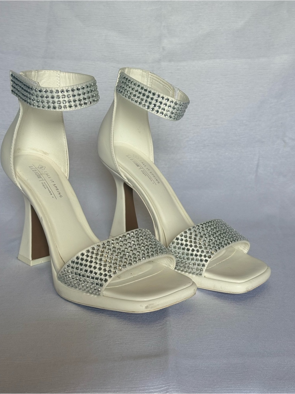Call It Spring White Crystal-Embellished Block Heel Sandals